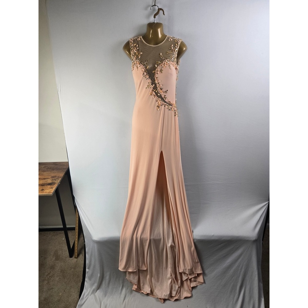 Sherri Hill Peach Beaded Mesh Gown Sleeveless High Slit Prom Evening Dress 7-9